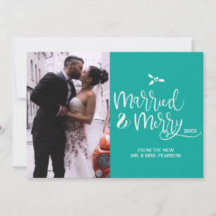 Cartes Pour Fêtes Annuelles Turquoise Marié et Joyeux Mariage photo Noël