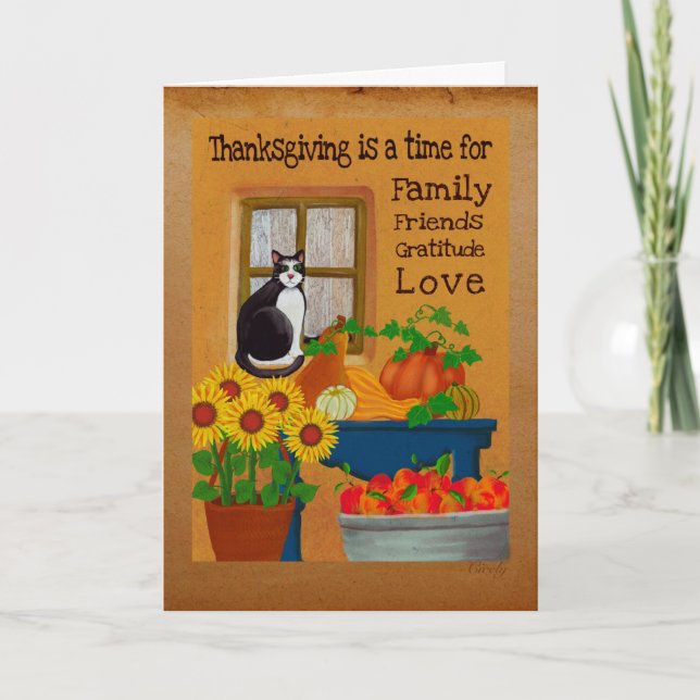 Cartes Pour Fêtes Annuelles Tuxedo chat avec la prime Thanksgiving (Devant)