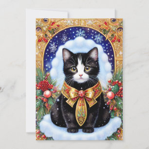 Cartes Pour Fêtes Annuelles Tuxedo Chat Elegant Gold Frame Vintage Noël
