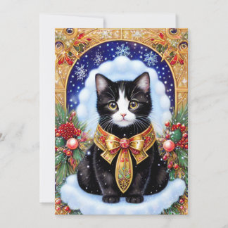 Cartes Pour Fêtes Annuelles Tuxedo Chat Elegant Gold Frame Vintage Noël