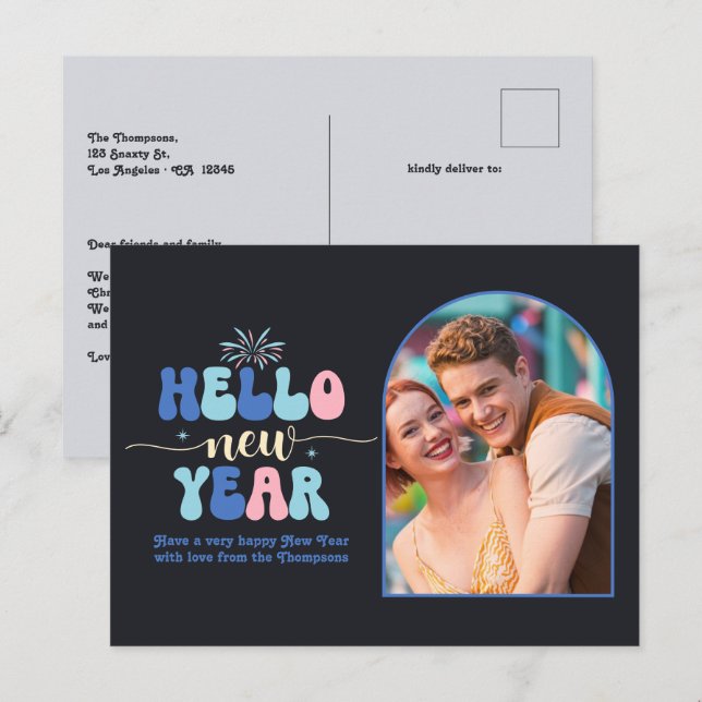 Cartes Pour Fêtes Annuelles Twilight Pop New Year Retro Modern Blue Photo (Devant / Derrière)
