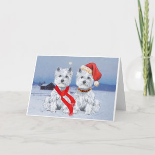 Cartes Pour Fêtes Annuelles Twin Westies sur une soirée hivernale
