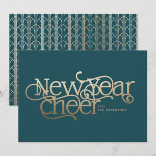 Cartes Pour Fêtes Annuelles Typographie Art Déco nouvelle année or turquoise