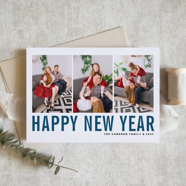 Cartes Pour Fêtes Annuelles Typographie Bleue Photo Collage Bonne année (Send new year cheer with this customizable navy blue three-photo-collage Happy New Year Card. )