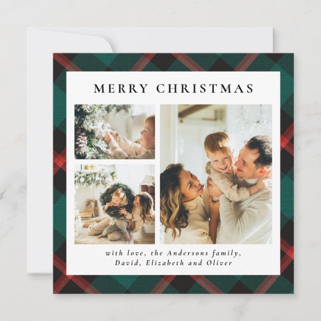 Cartes Pour Fêtes Annuelles Typographie classique Green Plaid Photo Noël (Devant)