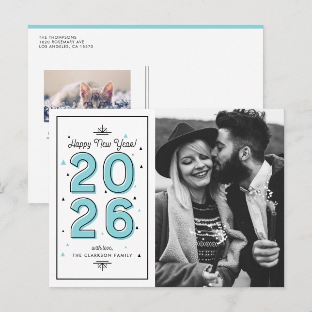 Cartes Pour Fêtes Annuelles Typographie géométrique bleue 2025 Nouvel An (Devant / Derrière)