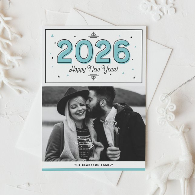 Cartes Pour Fêtes Annuelles Typographie géométrique bleue Photo Bonne année (Customizable photo New Year card featuring aqua blue geometric typography and triangles confetti.)