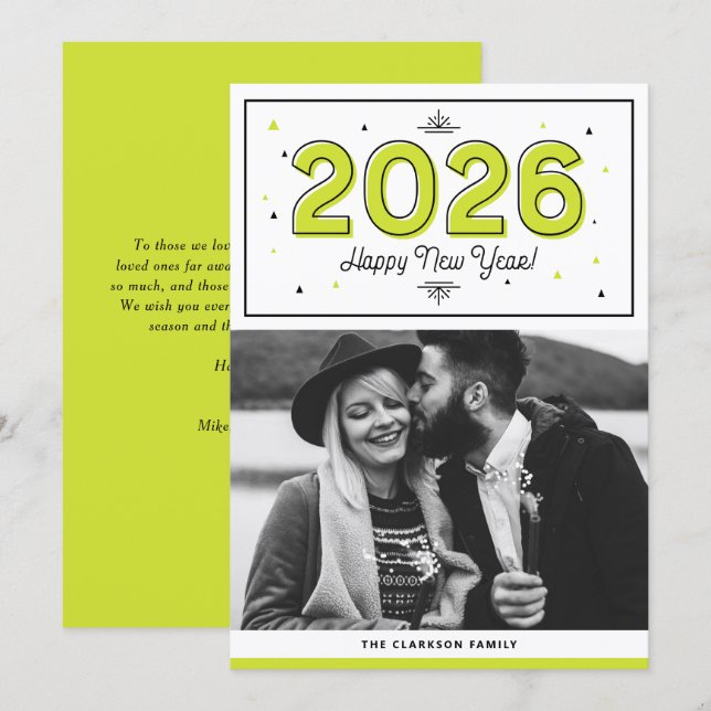 Cartes Pour Fêtes Annuelles Typographie géométrique verte Photo Bonne année (Devant / Derrière)