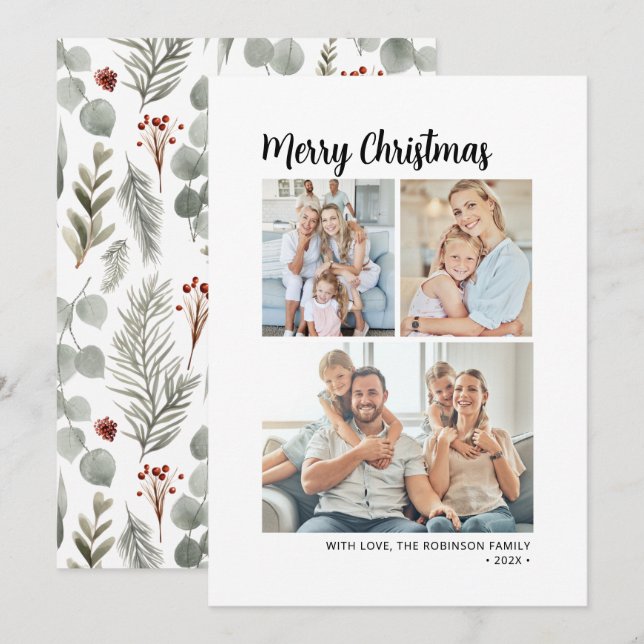 Cartes Pour Fêtes Annuelles Typographie moderne Foliage Multi Photo Noël (Devant / Derrière)