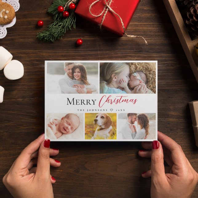Cartes Pour Fêtes Annuelles Typographie moderne Joyeux Noël Multiples photos (Merry Christmas Family photo collage Holiday card.)