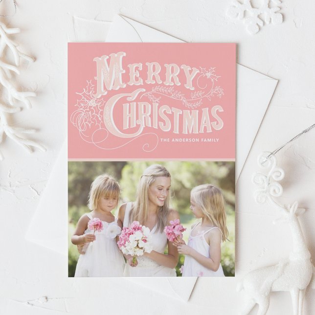 Cartes Pour Fêtes Annuelles Typographie occidentale rose Joyeux Noël Photo (Créateur téléchargé)