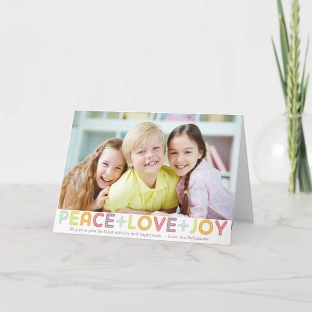 CARTES POUR FÊTES ANNUELLES TYPOGRAPHIE PAIX AMOUR JOIE VACANCES PHOTO (Devant)