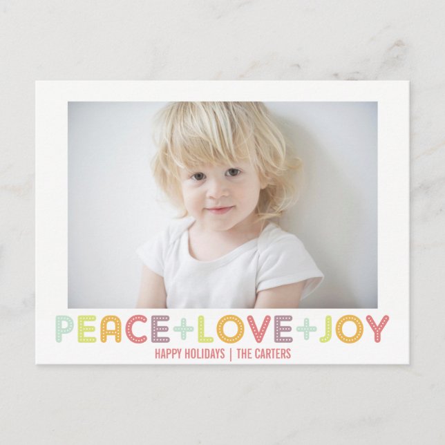 CARTES POUR FÊTES ANNUELLES TYPOGRAPHIE PAIX AMOUR JOIE VACANCES PHOTO (Devant)