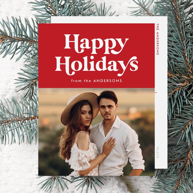 Cartes Pour Fêtes Annuelles Typographie rétro Red Happy Holidays Photo (Créateur téléchargé)