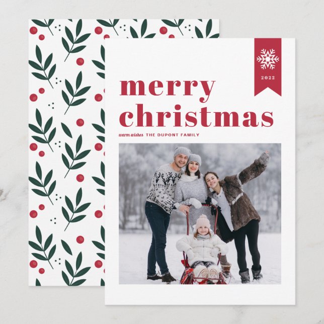 Cartes Pour Fêtes Annuelles Typographie rouge Snowflakes Joyeux Noël Photo (Devant / Derrière)