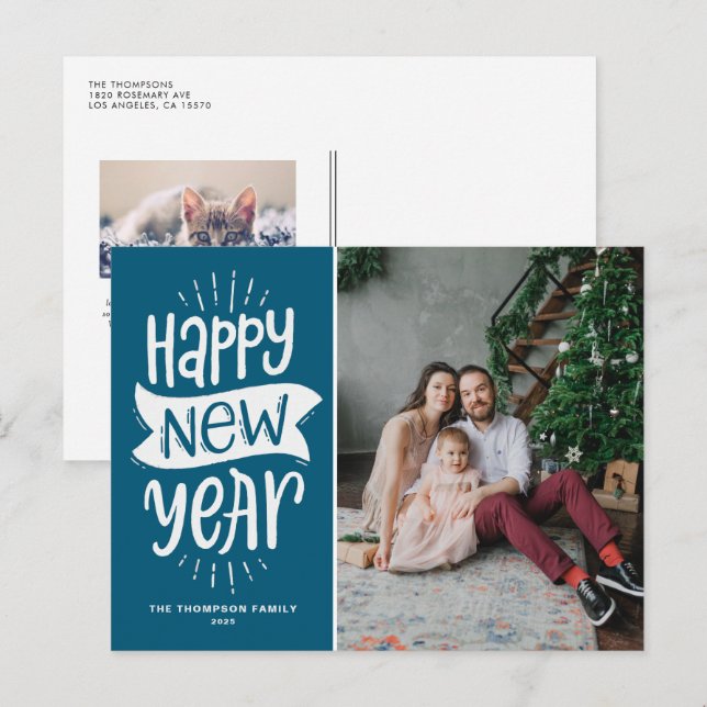 Cartes Pour Fêtes Annuelles Typographie rustique Bleu Bonne Année Photo (Devant / Derrière)