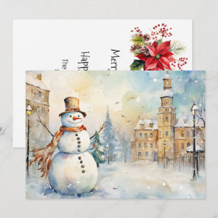 Cartes Pour Fêtes Annuelles Un bonhomme de neige lunatique joyeux dans un vill