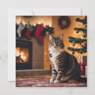 Cartes Pour Fêtes Annuelles Un chat avec sapin de Noël et cheminée