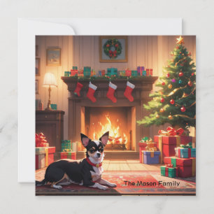Cartes Pour Fêtes Annuelles Un Chihuahua avec sapin de Noël et cheminée