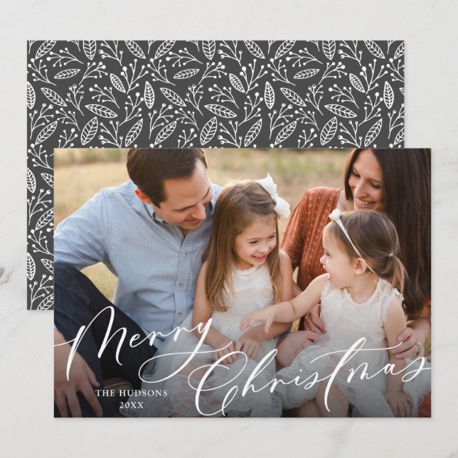Cartes Pour Fêtes Annuelles Un Élégant script blanc de photo Joyeux Noël (Devant / Derrière)