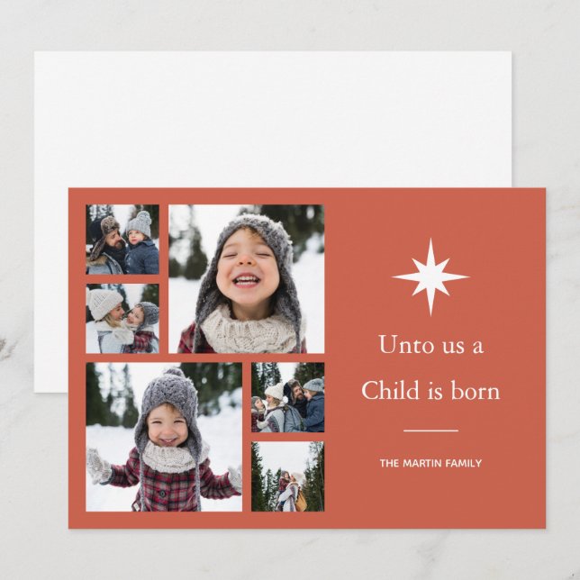 Cartes Pour Fêtes Annuelles Un enfant est né Photo Collage Noël (Devant / Derrière)