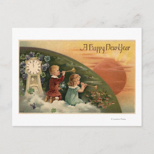 Cartes Pour Fêtes Annuelles Un Joyeux Nouvel AnLes Enfants Soufflent Des Tromp (Devant)