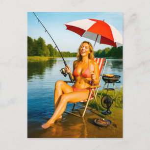Cartes Pour Fêtes Annuelles Une Femme Pêche Sous Parasol En Mangeant De La Crè