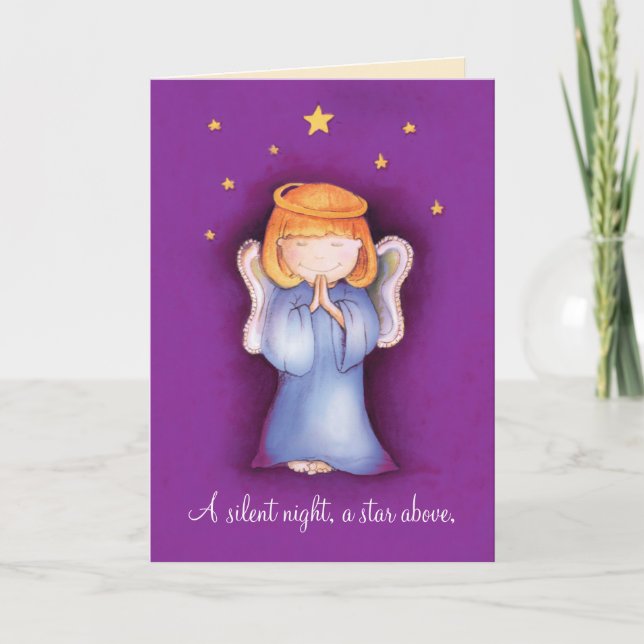 Cartes Pour Fêtes Annuelles Une nuit silencieuse Ange de Noël pourpre prier (Devant)