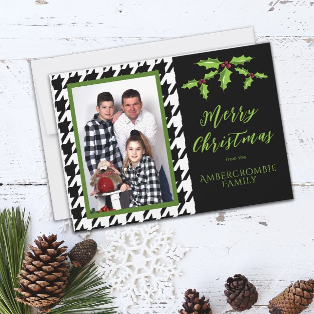 Cartes Pour Fêtes Annuelles Une photo Pied de fond noir et blanc (Black & White Houndstooth Christmas Card)
