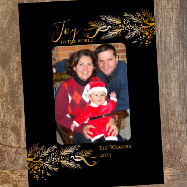 Cartes Pour Fêtes Annuelles Unique Gold Black Elegant Joie Noël Photo (Personalize this unique elegant golden botanical Christmas Card. Add photo and custom text. Joy )