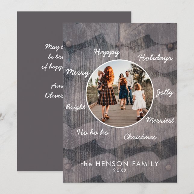 Cartes Pour Fêtes Annuelles Unique Rustique Bois Noël Famille Photo Vacances (Devant / Derrière)
