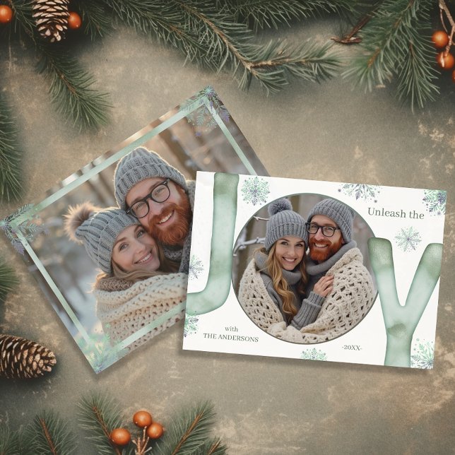 Cartes Pour Fêtes Annuelles Unleash the JOY Modern Green Script Photo (Unleash the JOY Modern Green Script Photo Holiday Card)