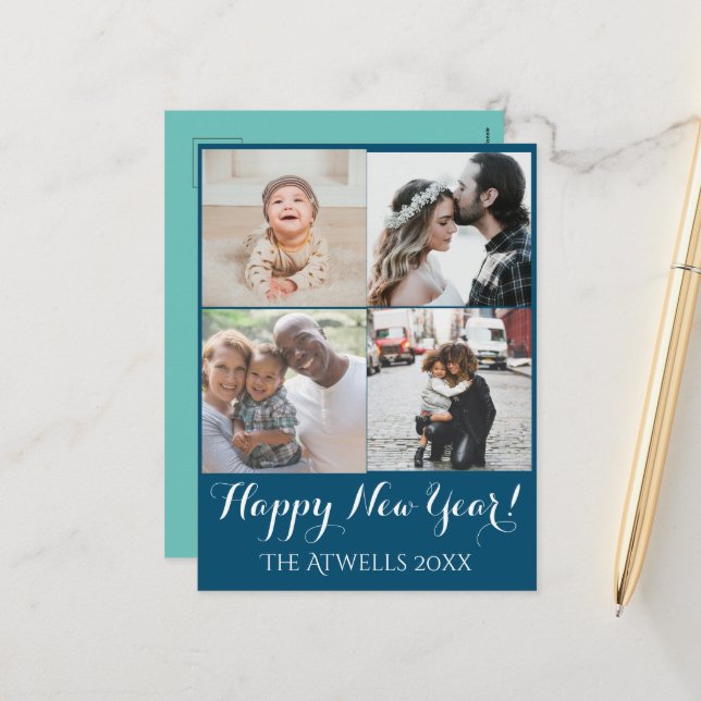 Cartes Pour Fêtes Annuelles Vacances 4 Photos Joyeux Nouvel An Famille Bleu (Devant/Arrière en situation)
