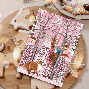 Cartes Pour Fêtes Annuelles Vacances Animaux Bois d'hiver rose