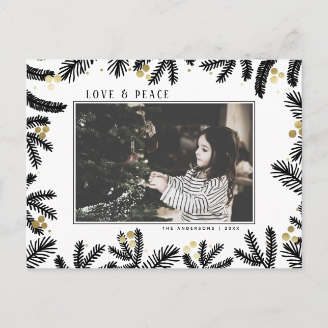 Cartes Pour Fêtes Annuelles Vacances Black & Gold Pine & Berries (Devant)