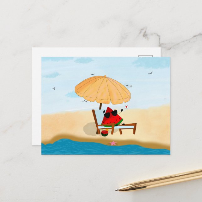 Cartes Pour Fêtes Annuelles vacances d'été sur la plage de pastèque (Devant/Arrière en situation)
