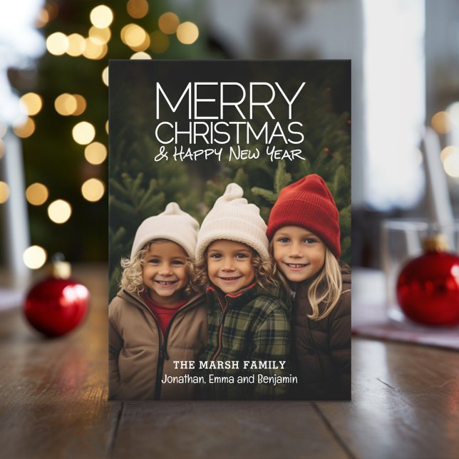 Cartes Pour Fêtes Annuelles Vacances modernes - Joyeux Noël HNY photo complète (Full Coverage Photo with a White Type Overlay - Online Christmas Card - Download or Print Options)