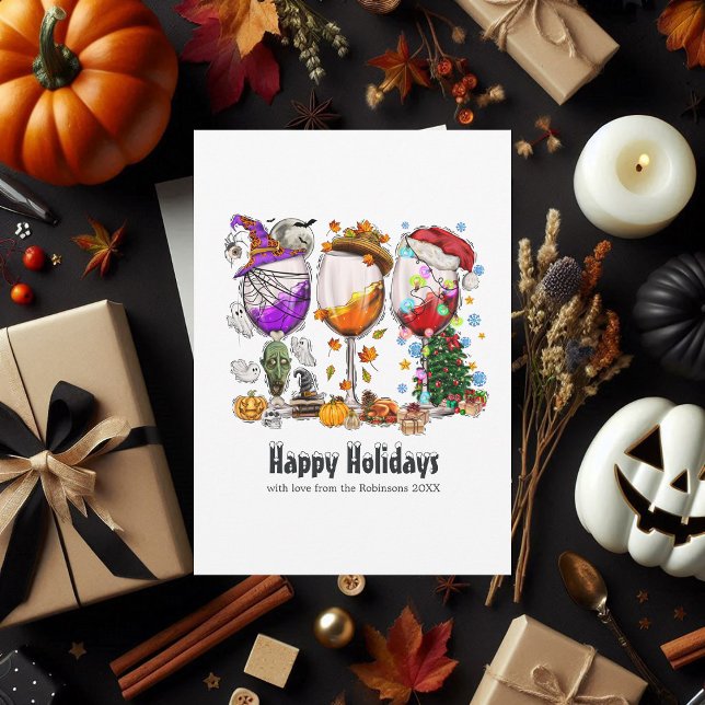 Cartes Pour Fêtes Annuelles Vacances Quirky Collage Vins Vêtements (Quirky Holiday Collage Wine Glasses Greeting Card)