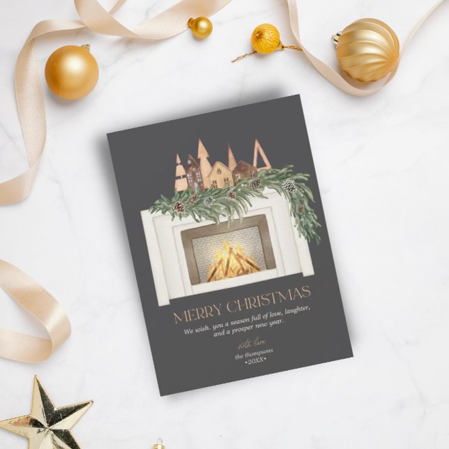 Cartes Pour Fêtes Annuelles Vacances Sans Photo Aquarelle Cheminée Scandi Tree (Créateur téléchargé)