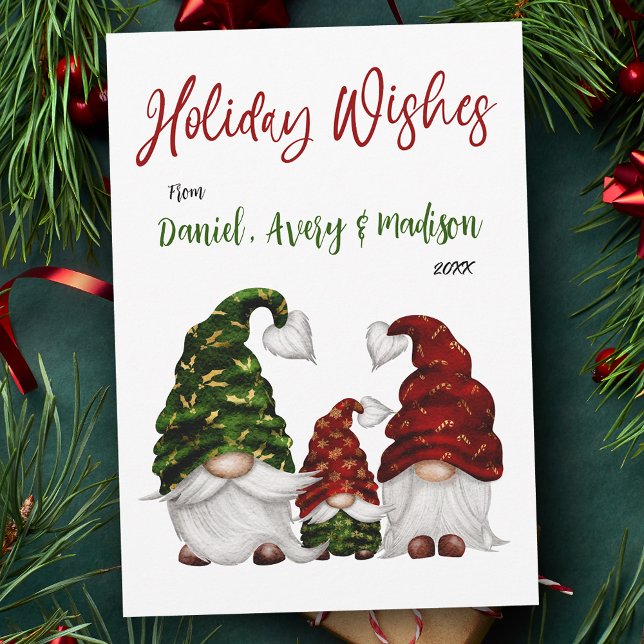 Cartes Pour Fêtes Annuelles Vacances Voeux Rustique Famille Aquarelle Gnomes (Available in high quality print or digital download for quick text messaging, email or self print.)