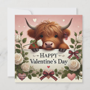 Cartes Pour Fêtes Annuelles Vache de Highland Valentine avec des roses blanche