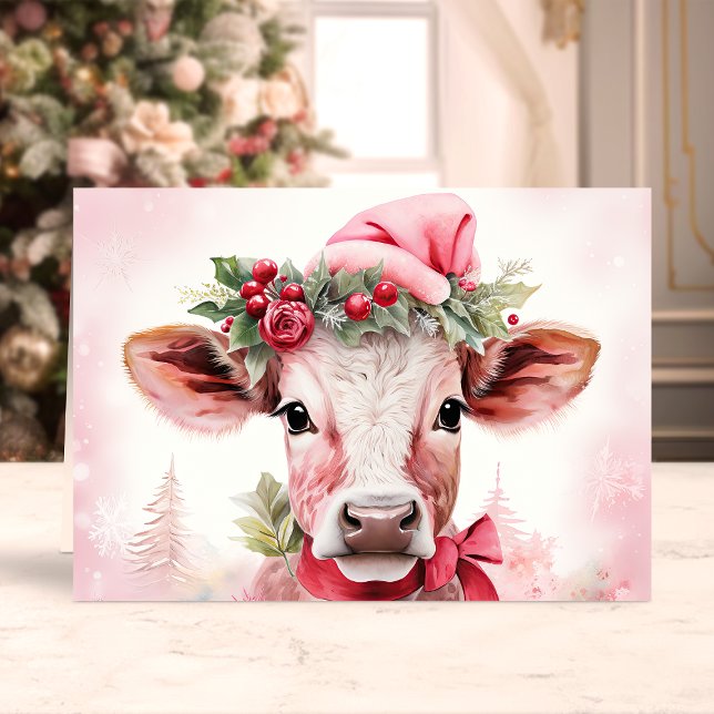 Cartes Pour Fêtes Annuelles Vache de Noël adorable à Santa Hat (Créateur téléchargé)