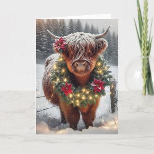 Cartes Pour Fêtes Annuelles Vache de Noël de Highland portant une couronne