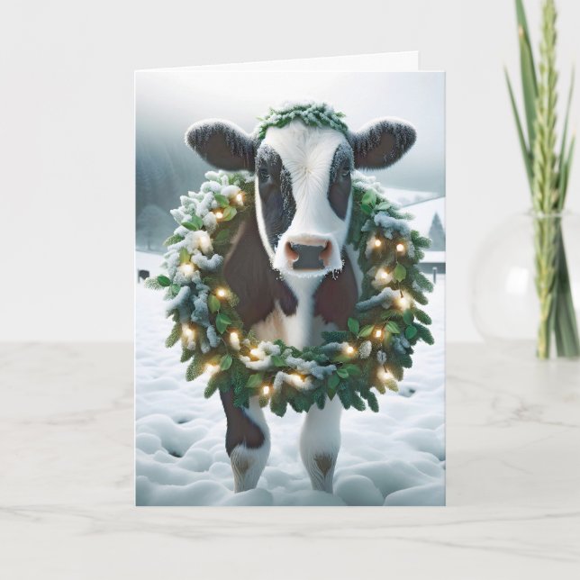 Cartes Pour Fêtes Annuelles Vache de Noël portant une couronne de vacances (Devant)