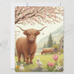 Cartes Pour Fêtes Annuelles Vache des hautes terres mignonne, florale/printani