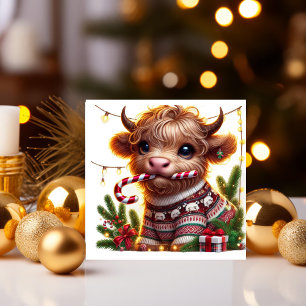 Cartes Pour Fêtes Annuelles Vache des Highlands avec Canne de Bonbon