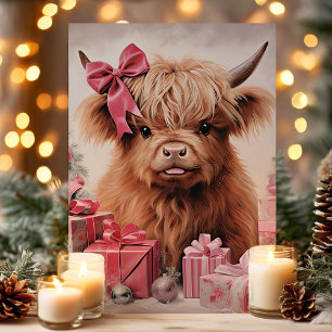 Cartes Pour Fêtes Annuelles Vache des Highlands avec un nœud rose Noël