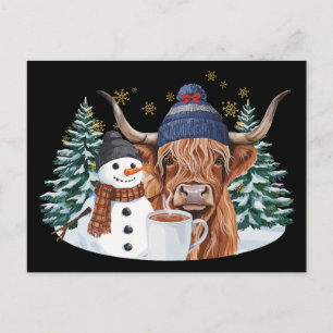 Cartes Pour Fêtes Annuelles Vache des Highlands Bonhomme de neige Cacao chaud