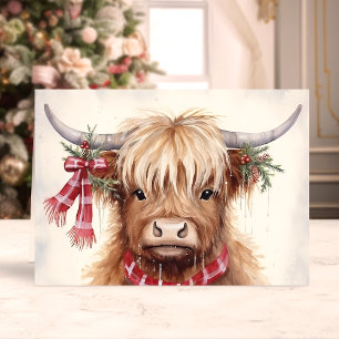Cartes Pour Fêtes Annuelles Vache des Highlands festive avec écharpe à tartan