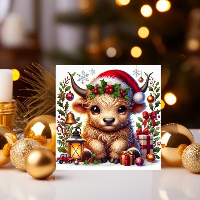 Cartes Pour Fêtes Annuelles Vache Festive Highland à Santa Hat (Créateur téléchargé)